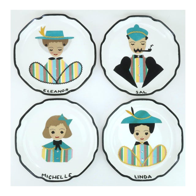 Completely charming set of four decorative plates featuring hand decorated appliques on ceramic depicting a Gibson girl...