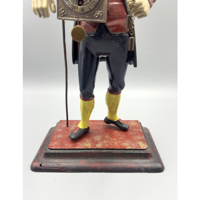Gray Antique Style Painted Cast Iron Dutch Peddler Clock Figure Folk Art Uhrenträger Mantelpiece Decor For Sale - Image 8 of 8