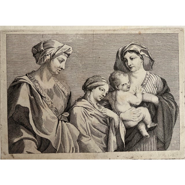 Traditional Antique Engraving of Three Women and Child 18th Century For Sale - Image 3 of 5