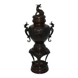 Early 20th Century Meiji Period Large Japanese Bronze/Brass Koro Incense Burner With Kirin Dragons Shishi Dogs