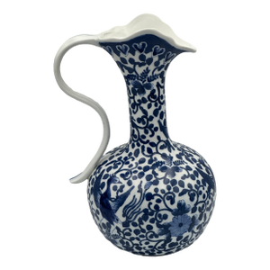 Vintage Chinoiserie Blue & White Porcelain Ewer – Hand Painted Birds & Florals