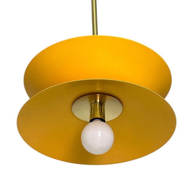 Modern Handcrafted Brass and Mustard Yellow Metal Pendant Light Fixture For Sale - Image 6 of 8