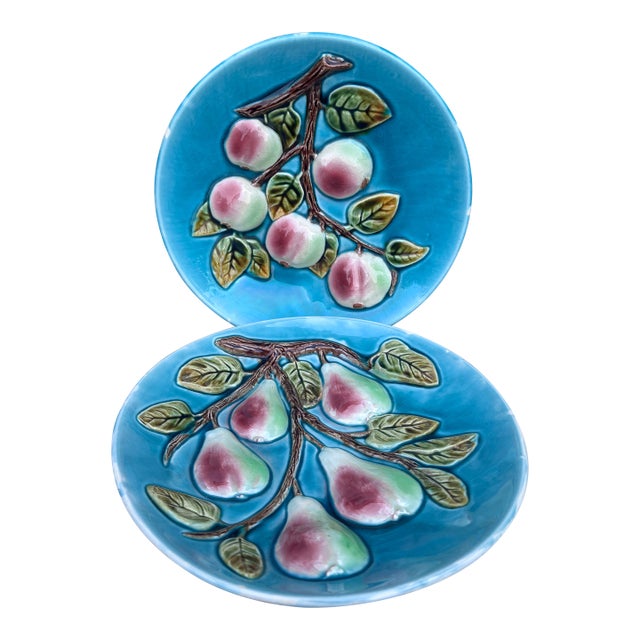 Large French Majolica Pair of Apples & Pears Platters Orchies Circa 1930 For Sale