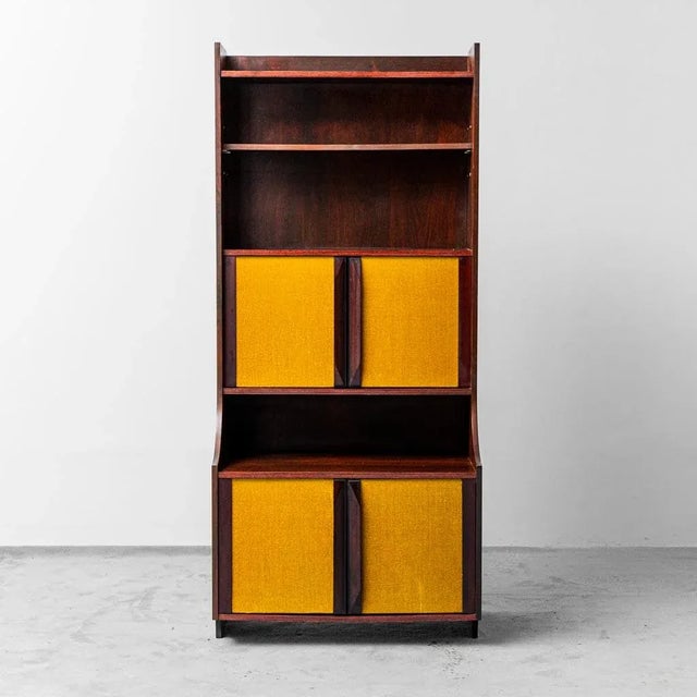 Cabinet, sideboard, bookcase. Rosewood wood structure. 4 doors covered in yellow fabric. Excellent condition, small signs...