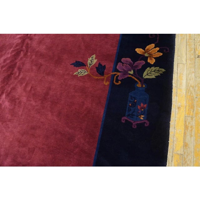 1920s Raspberry Red Open Floral Antique Chinese Art Deco Rug 9' X 11'3" Wool Knotted Carpet For Sale - Image 4 of 9