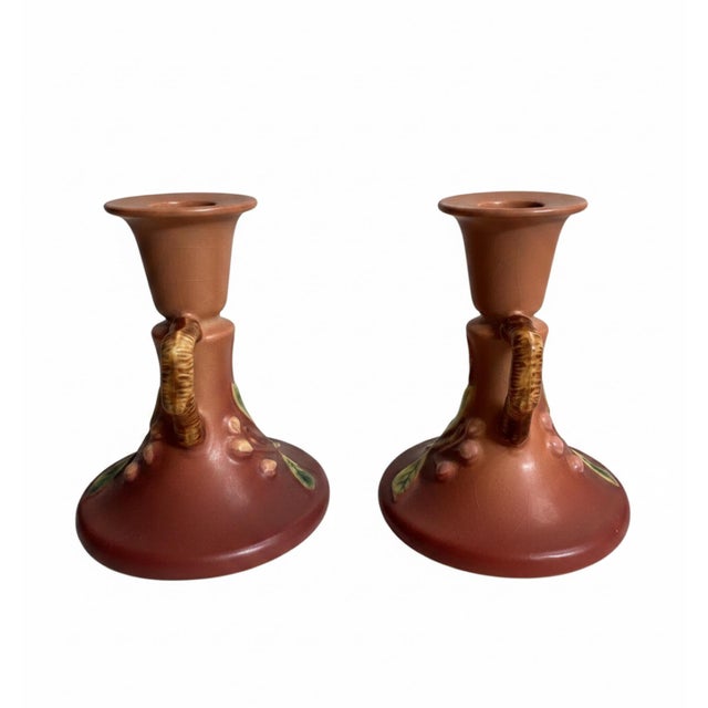 Roseville Pottery Pair of Vintage Roseville Apple Blossom 352-4½ Art Pottery Candlesticks For Sale - Image 4 of 7