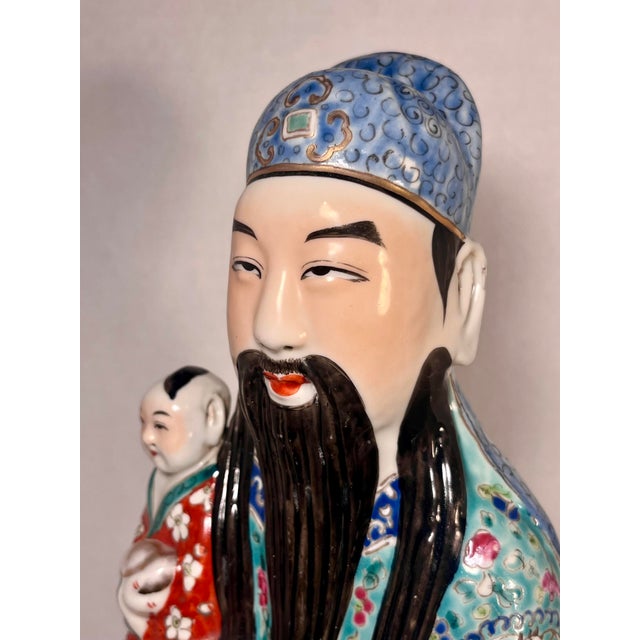 Asian Late Qing/Early Republic Chinese Famille Verte Lu Xing Porcelain Figure W/ Child For Sale - Image 3 of 11