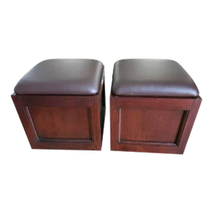 Pair of Hammary Furniture Fruitwood and Brown Leather Rolling Storage Ottomans