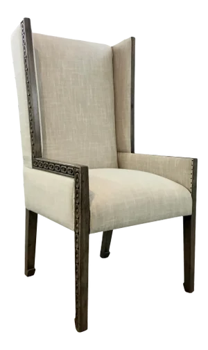 Transitional Carved Wood Linen Wingback Chair