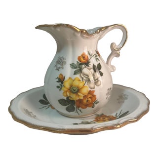 Set of 2, Vintage Floral Water Pitcher and Basin For Sale