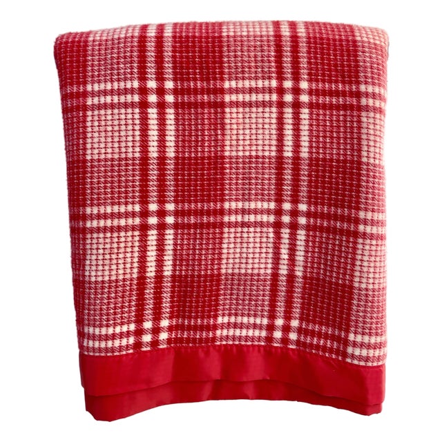 Vintage Faribault Red & White Plaid Wool King Blanket With Red Satin Binding For Sale