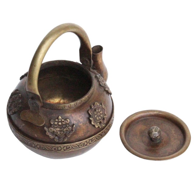 Chinese Metal Bronze Color Relief Motif Accent Teapot Display For Sale - Image 4 of 7