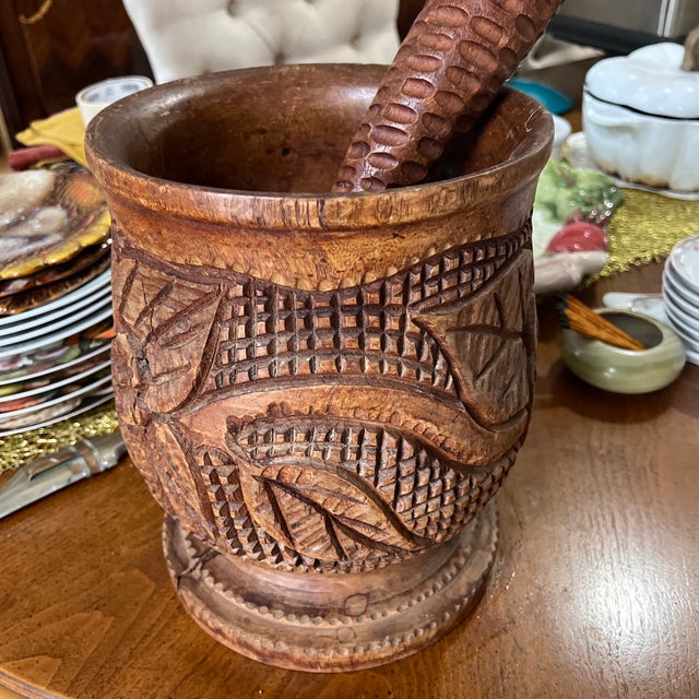 Hand Carved Vintage Detailed Wooden Mortar and Pestle For Sale - Image 9 of 12