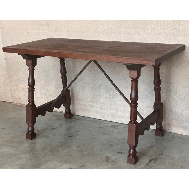 19th Spanish Side Table With Cared Turned Legs and Iron Stretcher For Sale - Image 6 of 11