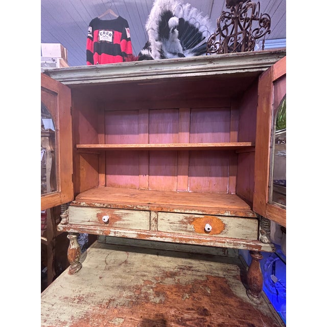 Antique Country Celadon Green Painted Distressed Stepback Cupboard Cabinet For Sale - Image 16 of 18