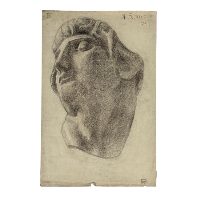 Antique 19th Century French Academic Study of a Greek Bust, Signed (Charcoal on Woven Paper) For Sale