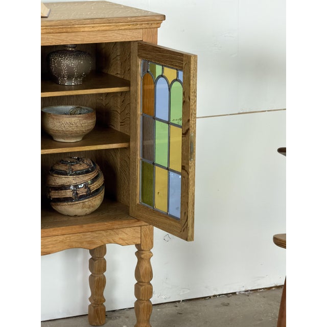 Mid-Century Modern Mid-Century Modern Oak Cabinet with Stained Glass Doors by Henning Kjærnulf, 1960s For Sale - Image 3 of 10