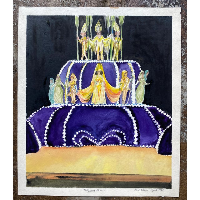 Hollywood Regency 1975 Sue Cohen Hollywood Revue Watercolor For Sale - Image 3 of 3