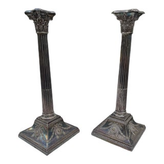 Antique C1860 Hawksworth Eyre & Co Silver Plate Candlesticks Pair 14” Sheffield For Sale