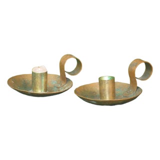 Early 20th Century Pair Arts & Crafts Copper Candle Holders, Hand Hammered For Sale