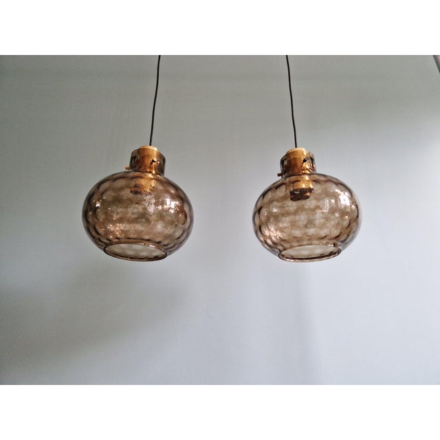 Brass and Smoked Blown Glass Pendant Lights from Glashütte Limburg, 1970, Set of 2 For Sale - Image 6 of 18