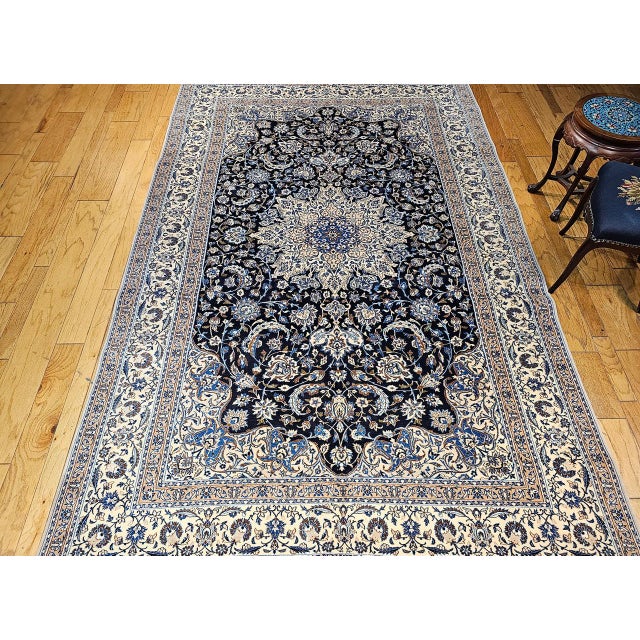 Vintage Persian Nain Area Rug, Hand-Knotted Wool & Silk, Floral Pattern, 7x11, Navy & Ivory For Sale - Image 4 of 17