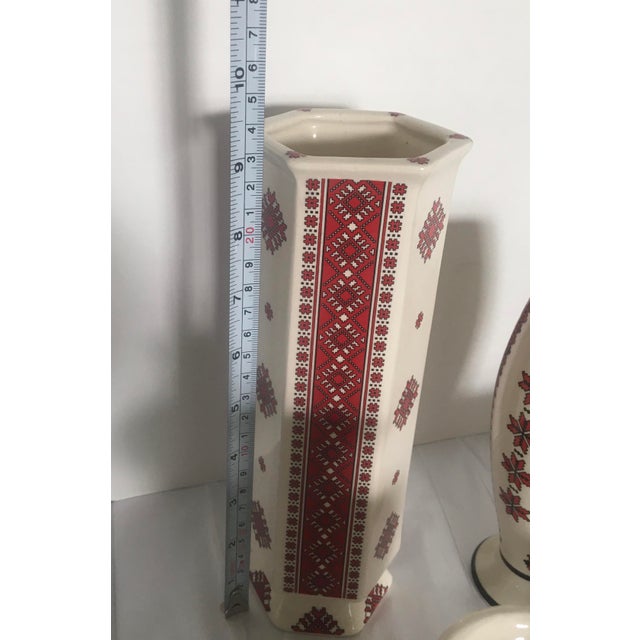Ukrainian Folk Art Pottery Vases With Needlepoint Pattern a Pair