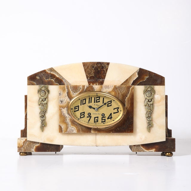 Art Deco Mantlepiece Clock in Tessellated Ice Sugar & Cream Onyx W/ Gilt Bronze For Sale In New York - Image 6 of 15