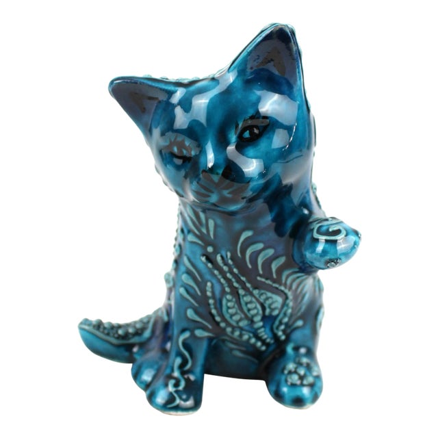 Turquoise Handmade Cat Figure Floral Cat Figurine For Sale