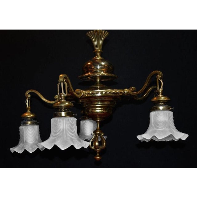 1920s Art Deco French Brass Five-Light Chandelier with Opaline Glass Shades, 1920s For Sale - Image 5 of 18