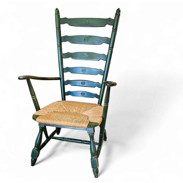 Vintage High Back Ladder Chair in Green Wood with Rush Seat For Sale - Image 15 of 15