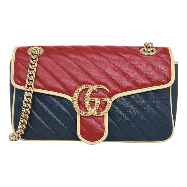 Gucci Tri-Color Gg Marmont Matelassé Diagonal Leather Small Crossbody Bag, 2021 For Sale