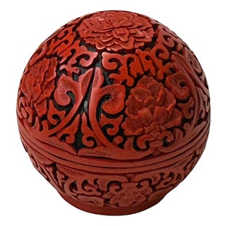 Vintage Chinese Red Lacquer Round Globe Floral Accent Box For Sale