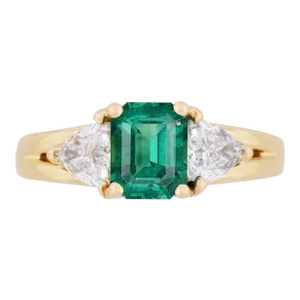 GIA Certified Minor Oil Zambian Emerald & Trillion Diamond 3-Stone Ring in 18K, Size 6.5