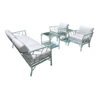 Vintage Faux Bamboo Patio Set by Meadowcraft, Chippendale Details and Sunbrella Cushions For Sale