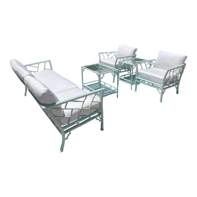 Vintage Faux Bamboo Patio Set by Meadowcraft, Chippendale Details and Sunbrella Cushions For Sale