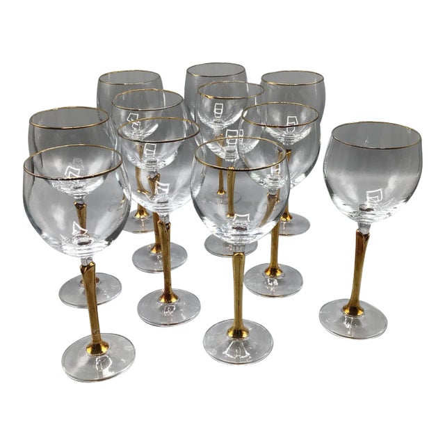Versailles Gold Stem Wine Glasses With Gold Rim by Colony - Set of 11 For Sale