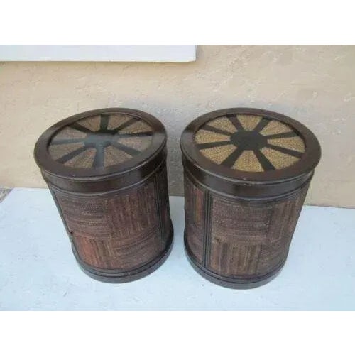 Mid-Century Modern 1970s Barrel Style Wood Woven Round Accent End Table - Set of 2 For Sale - Image 3 of 13