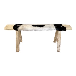 Antique Elm Long Bench W/ Goat Hide Upholstery For Sale
