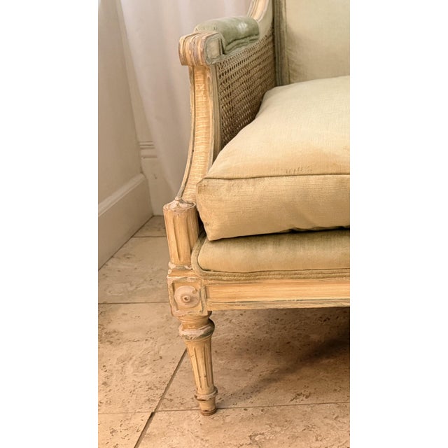 Mid 20th Century Rare Pair Louis XVI French Style Carved Bergere Chairs With Cane Sides For Sale In San Francisco - Image 6 of 16
