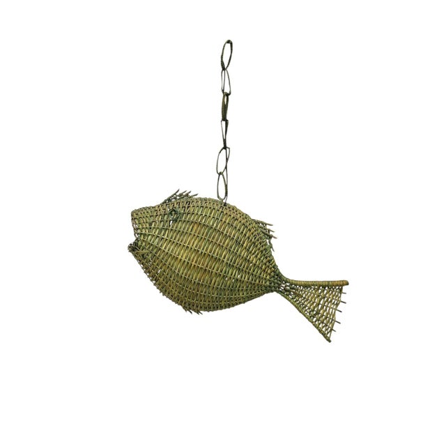 Mid-Century Modern Mid-Century Modern Fish Wicker Rattan Pendant Lamp, 1960s For Sale - Image 3 of 18