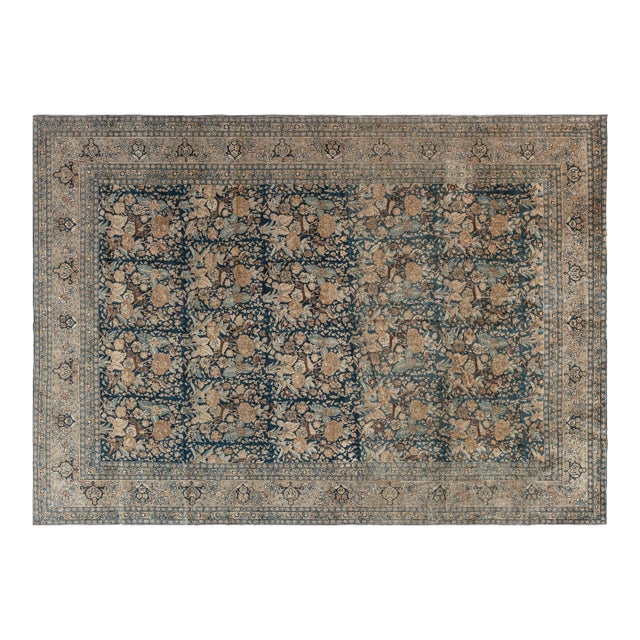 Antique Persian Tabriz Floral Design Blue Handmade Wool Rug For Sale