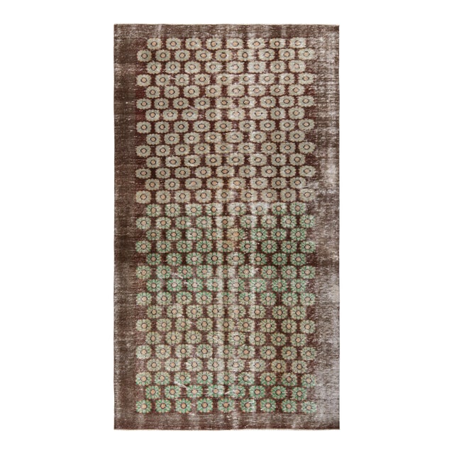 Hand-Knotted Vintage Mid Century Distressed Rug in a Brown, Green Floral Pattern For Sale
