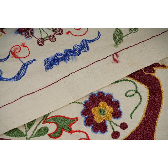 Textile Unique Vintage Bird Embroidery | Red, Green & Blue Decorative Tapestry 1'4'' X 3'1'' For Sale - Image 7 of 9