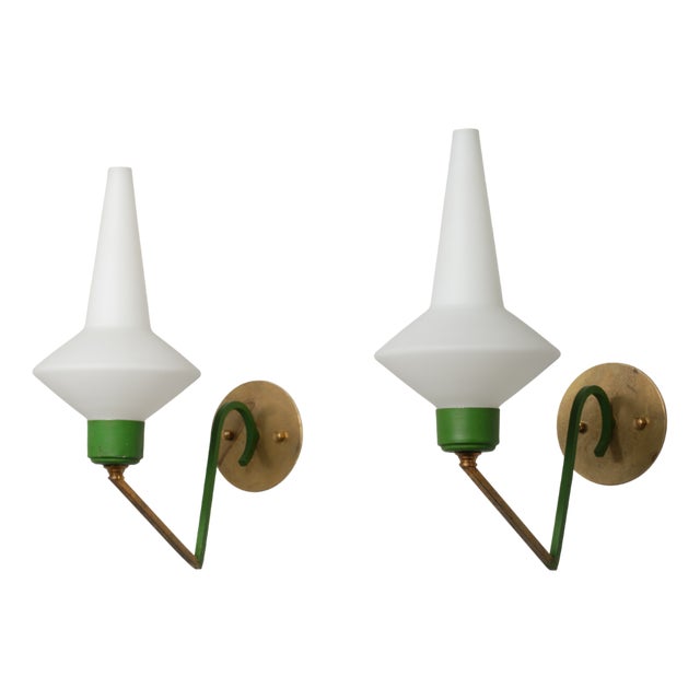 Large Italian Brass and Green‑Lacquered Wall Lamps with Opaline Glass Shades, 1950s, Set of 2 For Sale