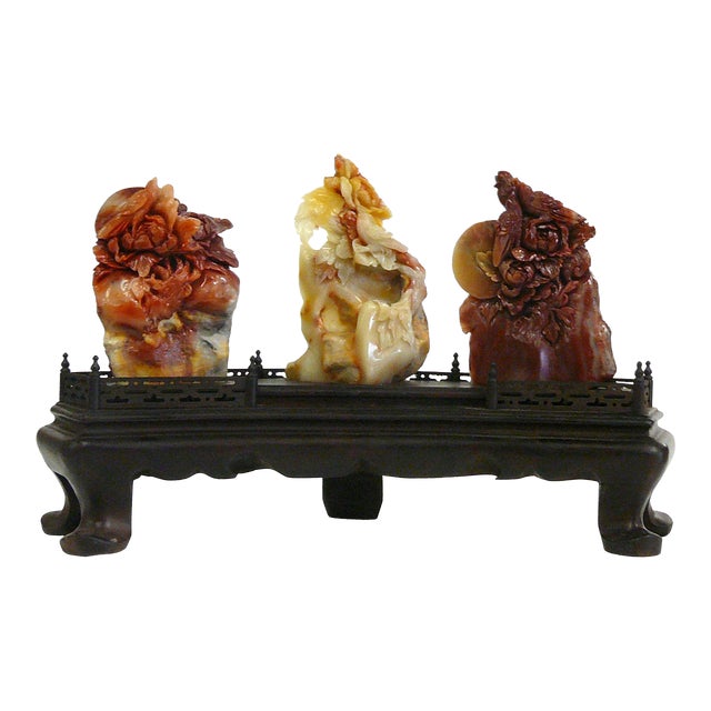 Chinese ShouShan Stone Three Flowers Birds Display Figure For Sale