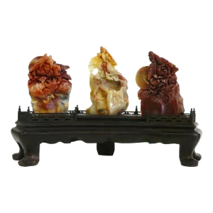 Chinese ShouShan Stone Three Flowers Birds Display Figure