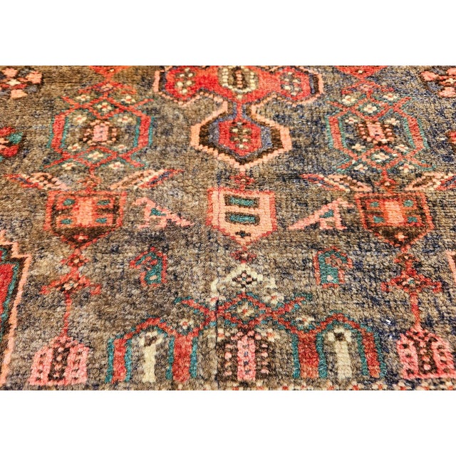 Vintage Persian Hamadan Rug, Hand-Knotted Wool, Geometric Medallion Pattern, Moss Green & Red, 4x7 For Sale - Image 18 of 18