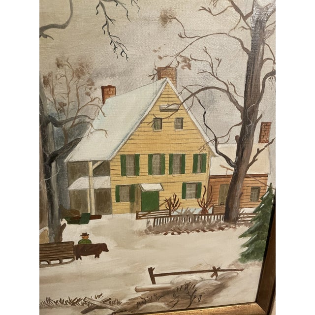 Folk Art Vintage Folk Art Landscape Painting in Antique Frame - Snowy Farm For Sale - Image 3 of 7