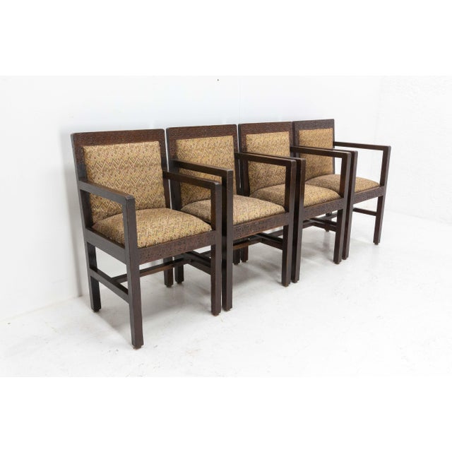 Pair of Moroccan Art Deco armchairs, circa 1930 One of the fauteuils has the particularity of having armrests lower than...